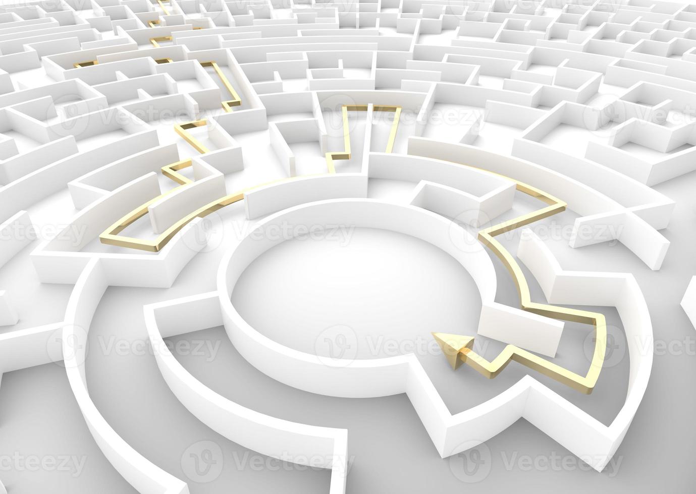 goldener Pfeil, der durch das Labyrinth geht und eine Lösung zeigt. Geschäftsstrategiekonzepte. foto
