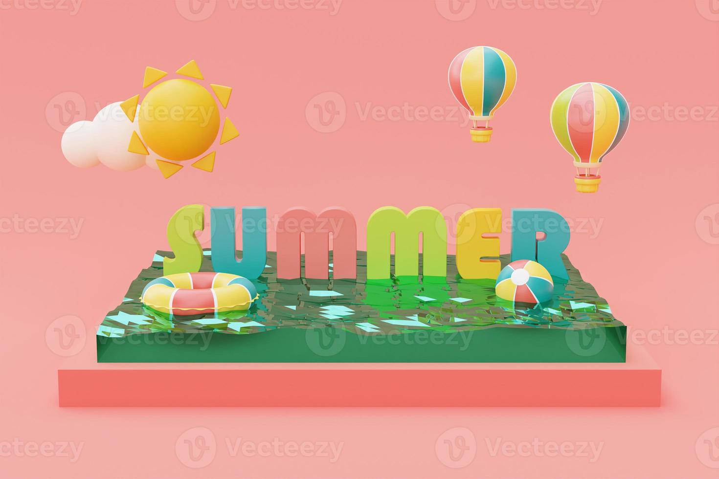 sommerschwimmbad mit bunten sommerstrandelementen, 3d-rendering. foto