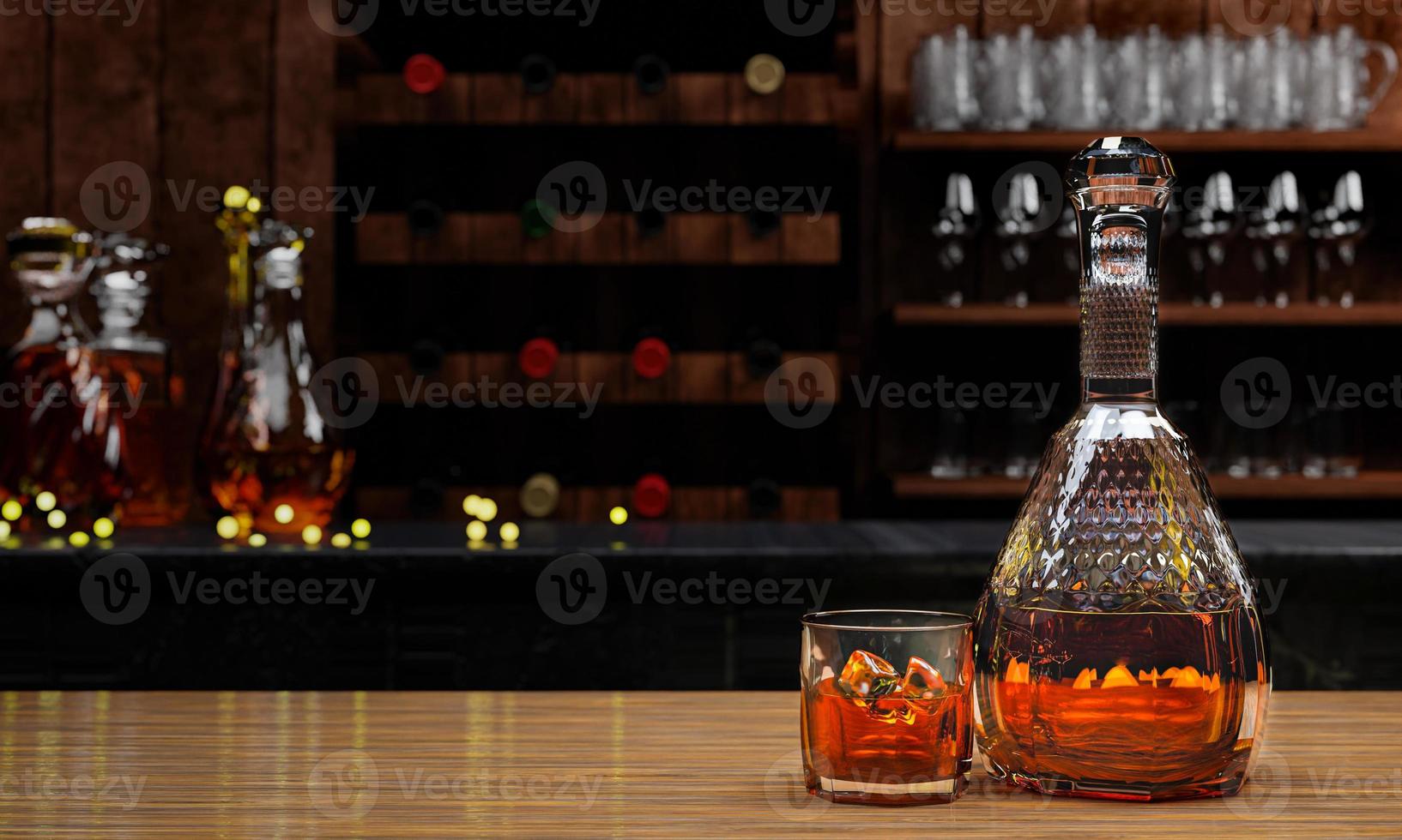 whisky oder brandy, alkoholische getränke in transparenter eleganter flasche. Alkohol in Klarglas auf Holztisch. Mehrere Weinflaschen verwischen den Hintergrund auf der 3D-Darstellung des Barthekenrestaurants foto