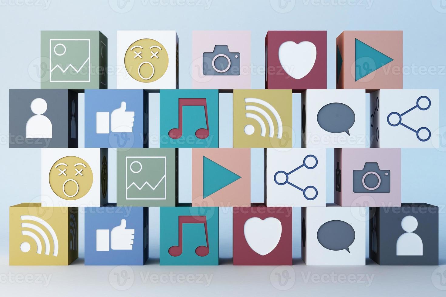 Social-Media-Icon-Herz-Emoji und Icon-Box. 3D-Rendering foto