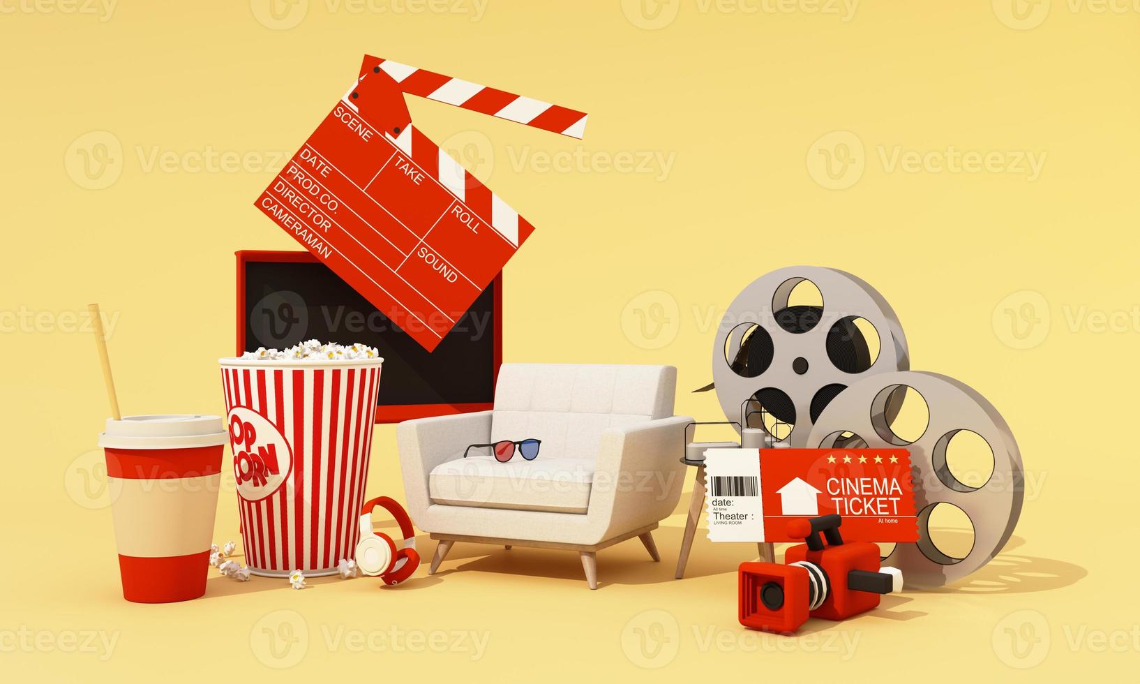 das konzept, filme online zu hause anzusehen, umgeben von filmausrüstung, kinokarten, filmrollen, filmkameras, popcorn und getränken mit sesseln, die auf hintergrund-3d-rendering isoliert sind foto