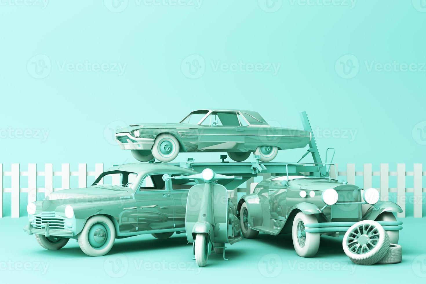 Oldtimer in rosa Pastellfarben mit Oldtimer-Roller auf pastellfarbenem Hintergrund. 3D-Rendering foto