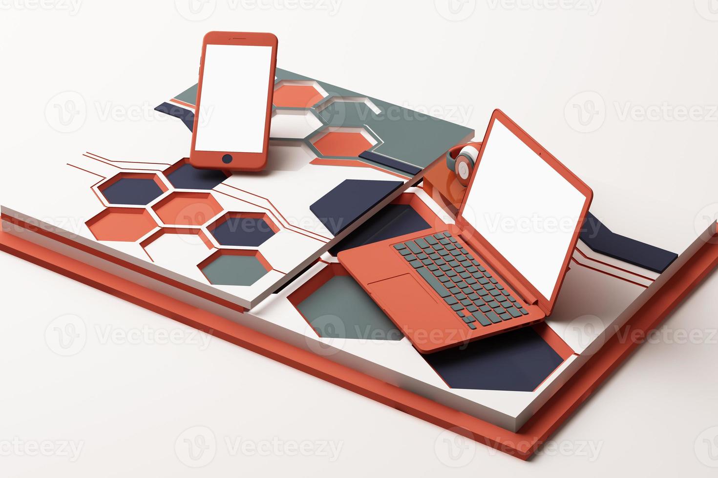 laptop, smartphone und kopfhörer mit technologiekonzept abstrakte komposition aus geometrischen formen plattformen in pastellfarben. 3D-Rendering foto