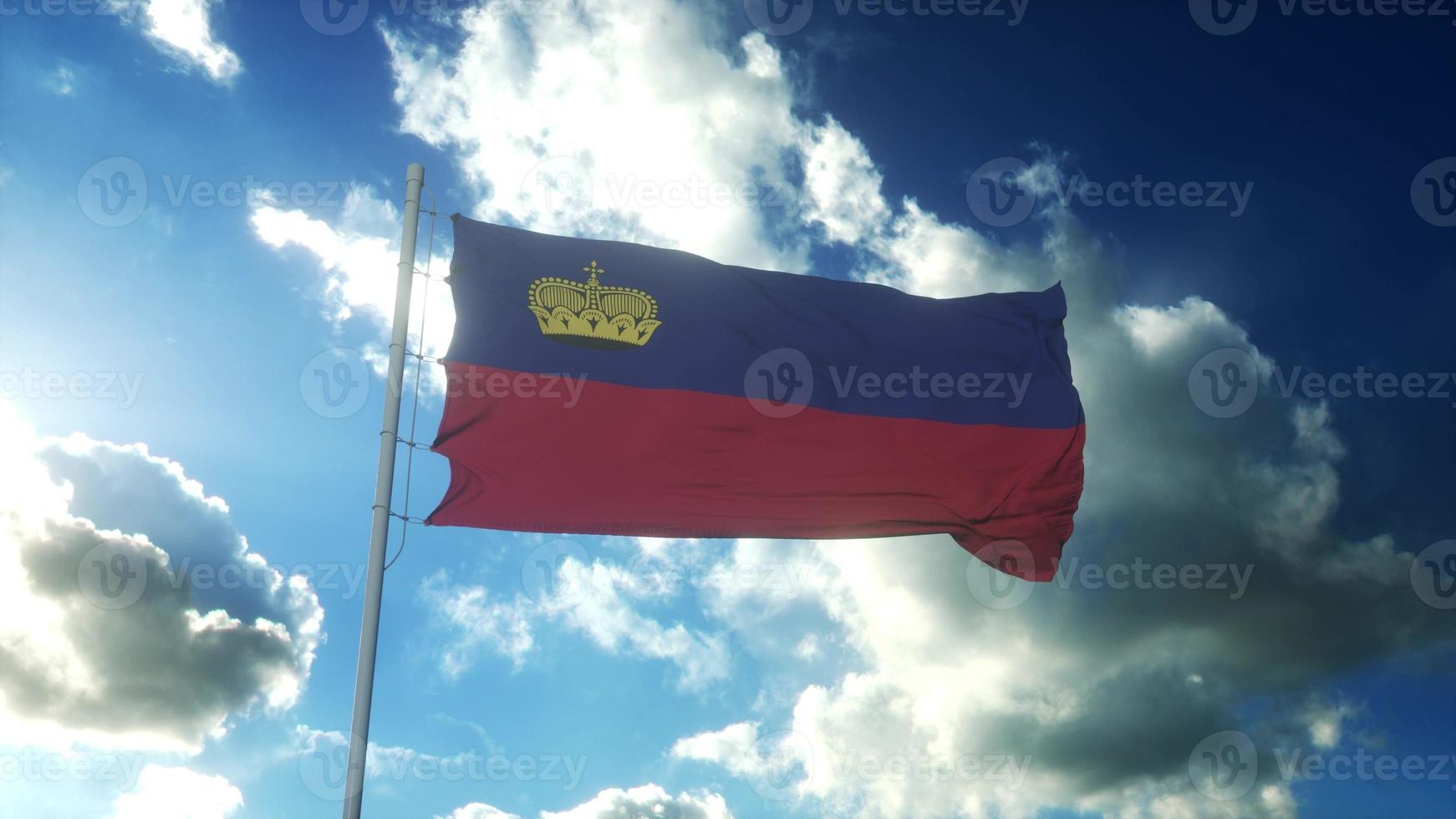 flagge von liechtenstein weht im wind gegen den schönen blauen himmel. 3D-Rendering foto