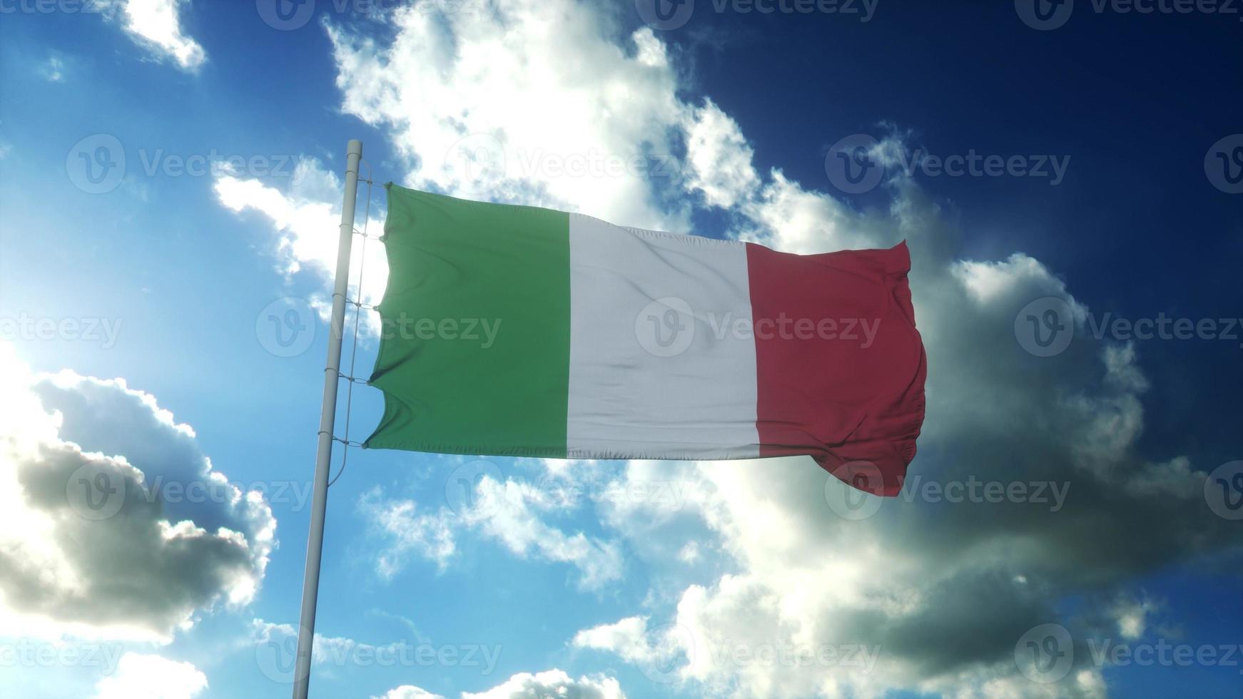 Flagge Italiens weht im Wind gegen den schönen blauen Himmel. 3D-Rendering foto