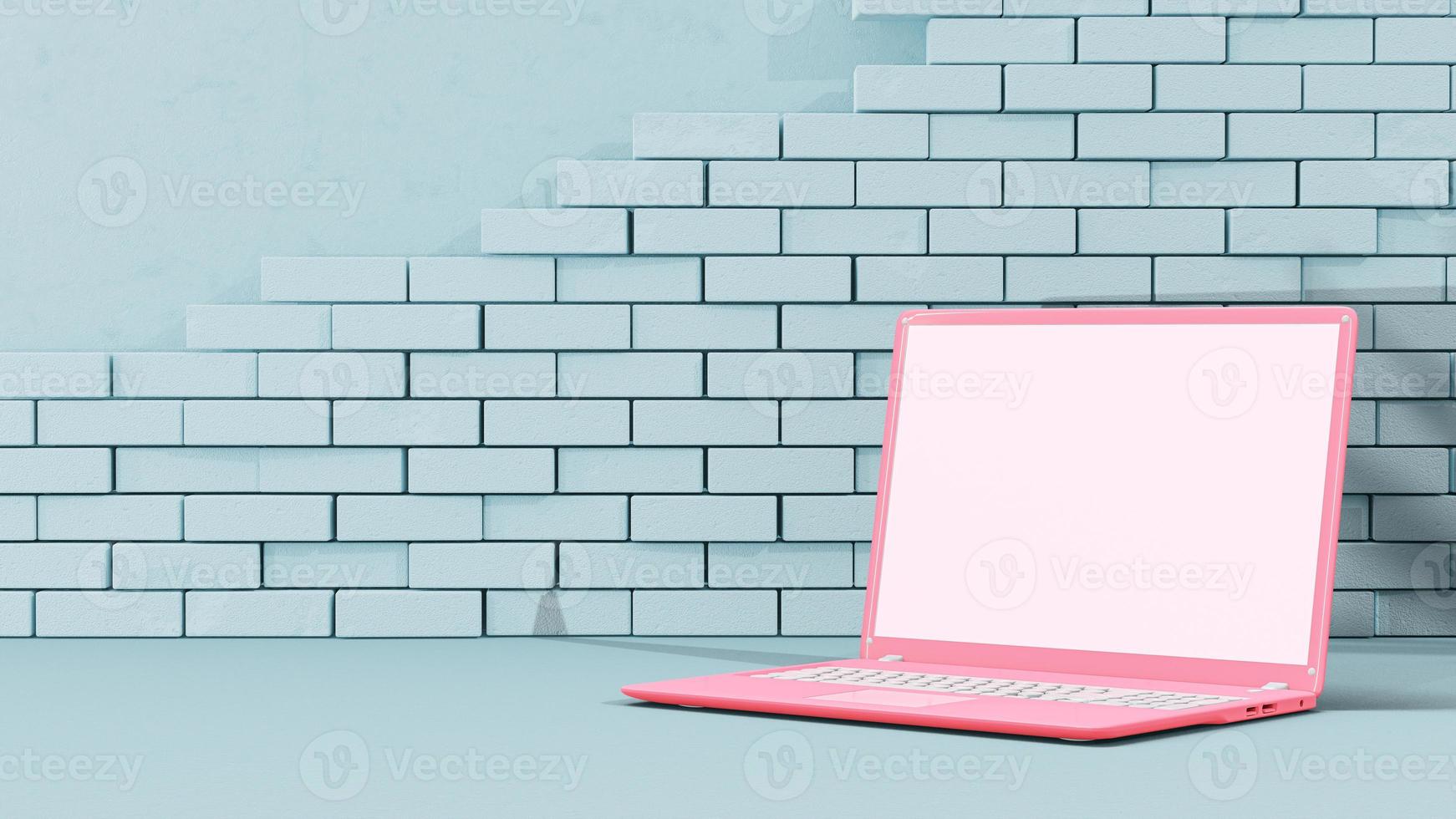 rosa laptop im blauen raum mit minimaler dekoration und ziegelwand. Modell- Computer. 7992272 Stock-Photo bei Vecteezy