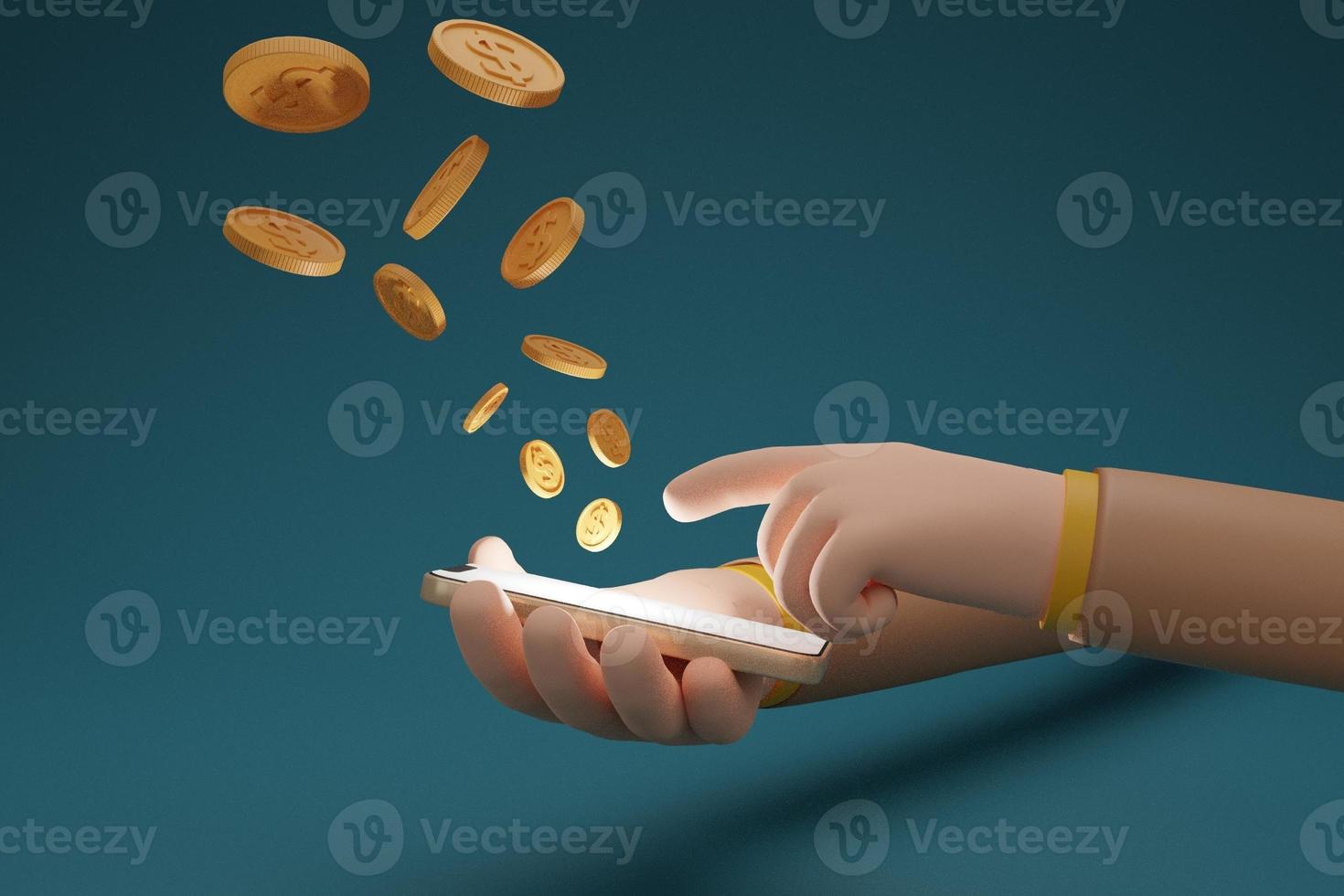 hand des geschäftsmannes, der smartphone mit münzen hält, fallen in ein smartphone, kryptowährungstransfer, zahlung über ein smartphone, handybank, mobile brieftasche, isolierter hintergrund. 3D-Darstellung foto