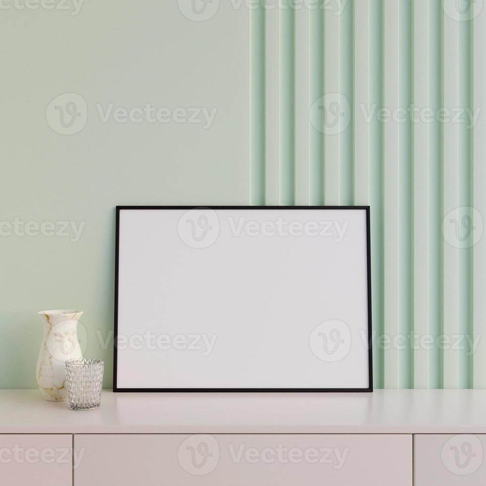 modernes und minimalistisches horizontales schwarzes plakat oder fotorahmenmodell auf dem tisch im wohnzimmer. 3D-Rendering. foto