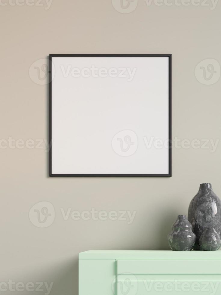 modernes und minimalistisches quadratisches schwarzes plakat oder fotorahmenmodell an der wand im wohnzimmer. 3D-Rendering. foto