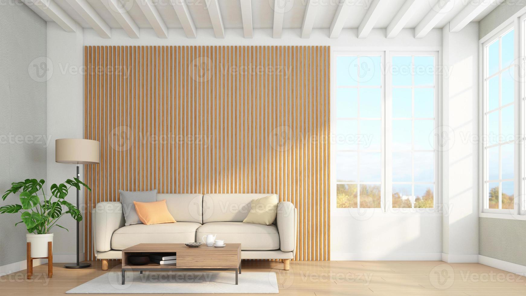 minimalistisches Wohnzimmer mit Holzlattenwand und Sofa, Stehlampe. 3D-Rendering foto