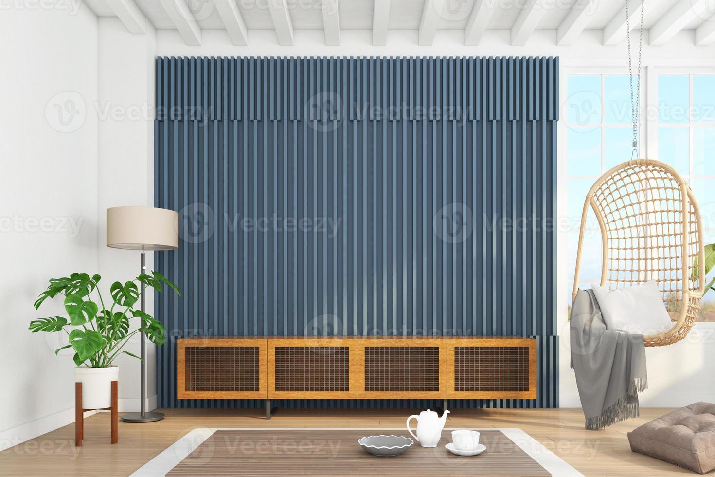 schrank holz für fernseher an der blau-grauen lamellenwand im wohnzimmer mit hängesessel, minimalistisch modern. 3D-Rendering foto