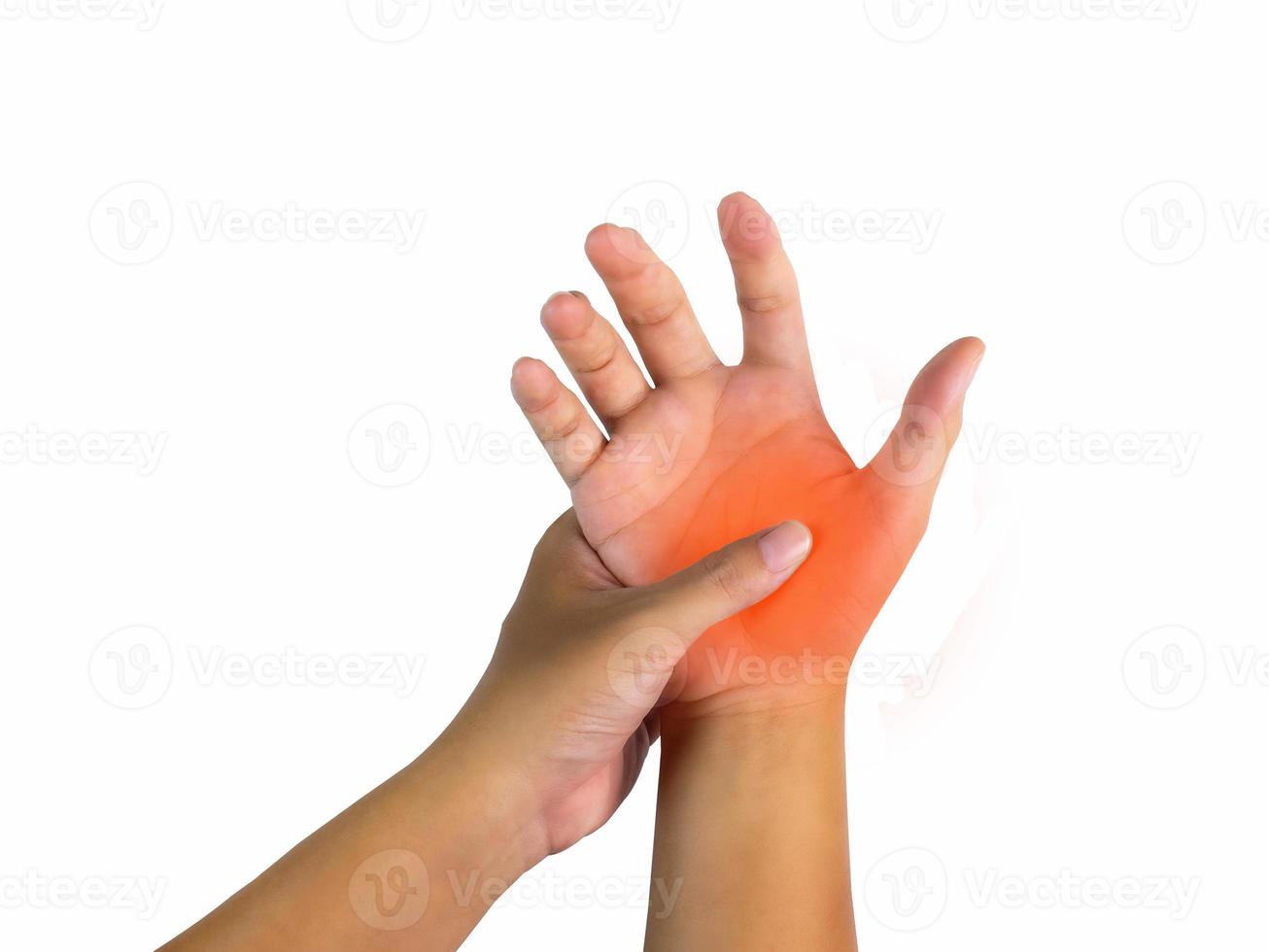 Nehmen Sie zwei Hände, drücken Sie die wunde Stelle. Die wunde Stelle ist rot und zeigt den Schmerzpunkt an. Fingerverletzung auslösen, weißer Hintergrund isoliert, Beschneidungspfad, Studioaufnahme. foto