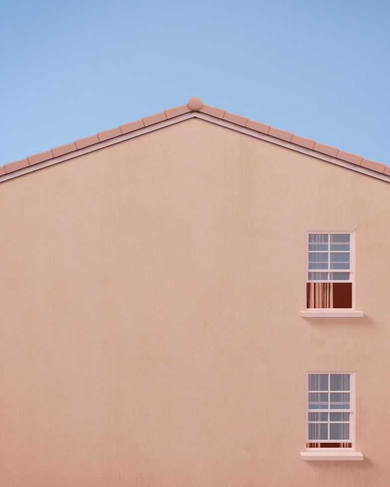 Vorderansicht des Giebelhauses mit rosafarbener Wand und blauem Himmel. minimales Konzept. 3D-Rendering foto