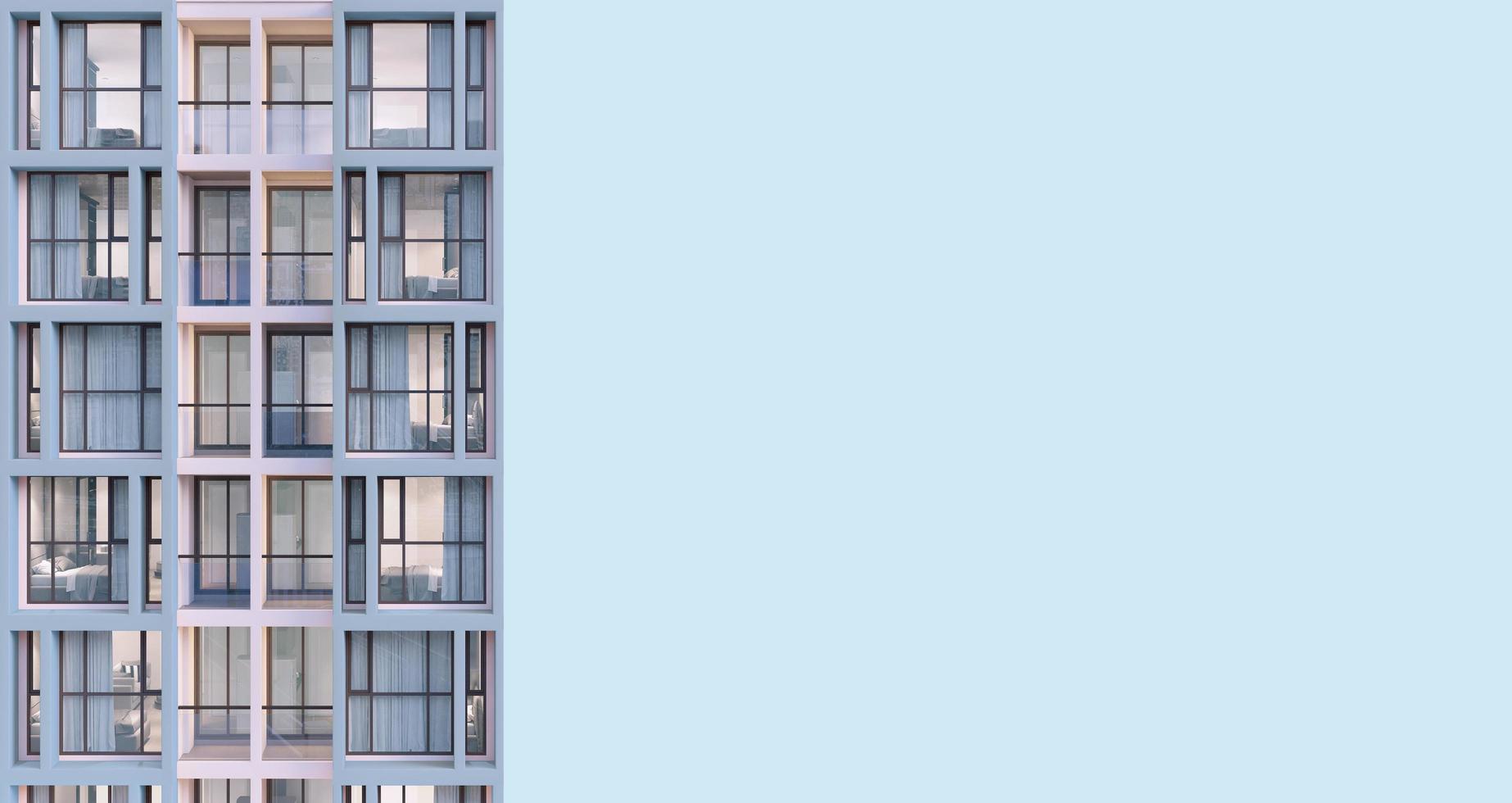 seitenansicht des wohnzimmers nah oben mit blauem hintergrund.konzept für immobilieneigentum und eigentumswohnung.3d-rendering foto