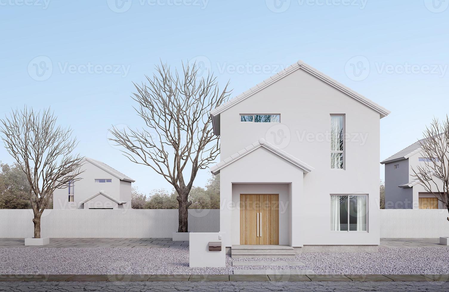 minimalistisches weißes haus außen. giebeldach, glasfenster und holztür mit blauem himmel. 3d-rendering foto