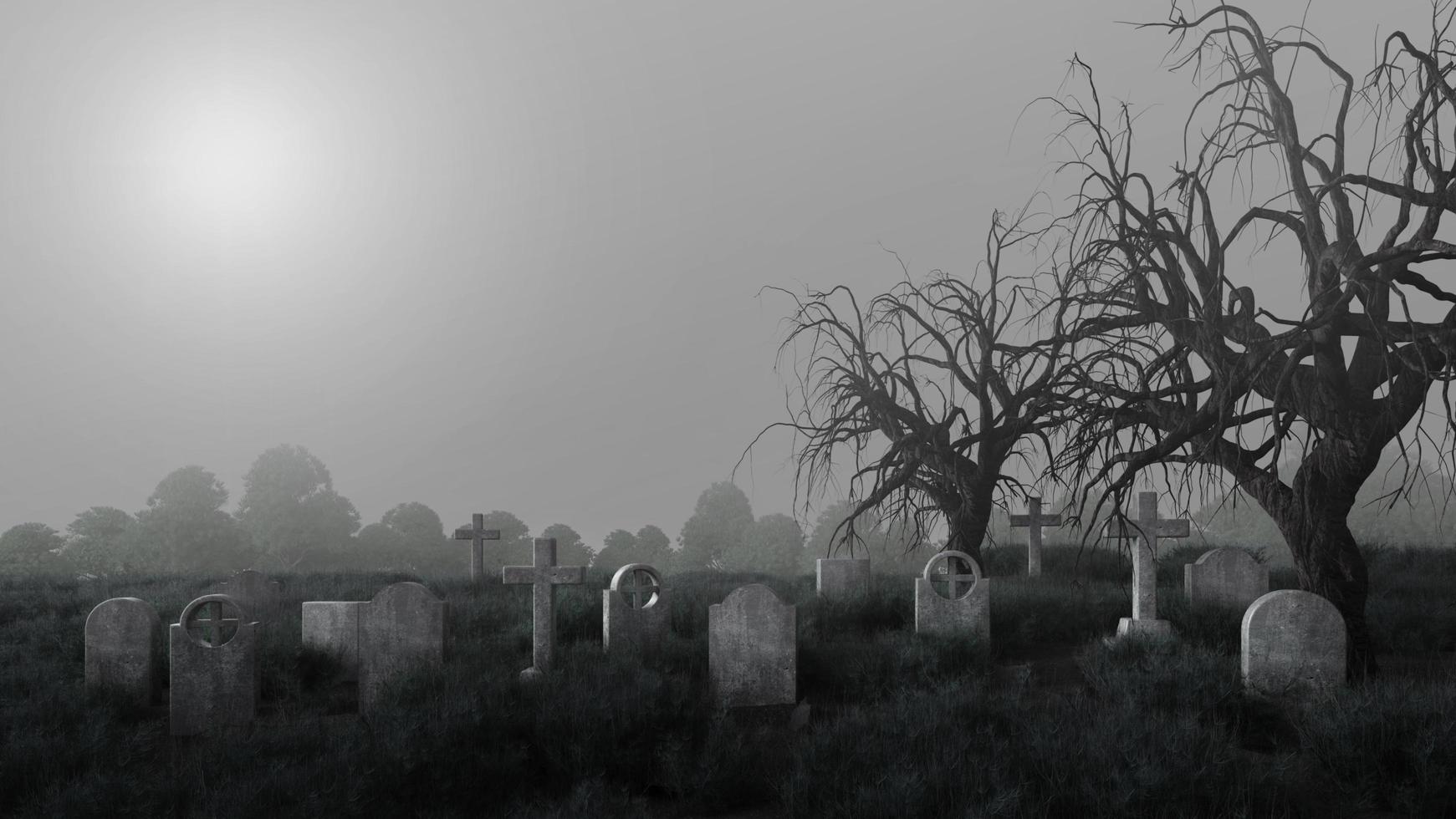 friedhof mit grabsteinen, totem baum und mist.3d-rendering foto