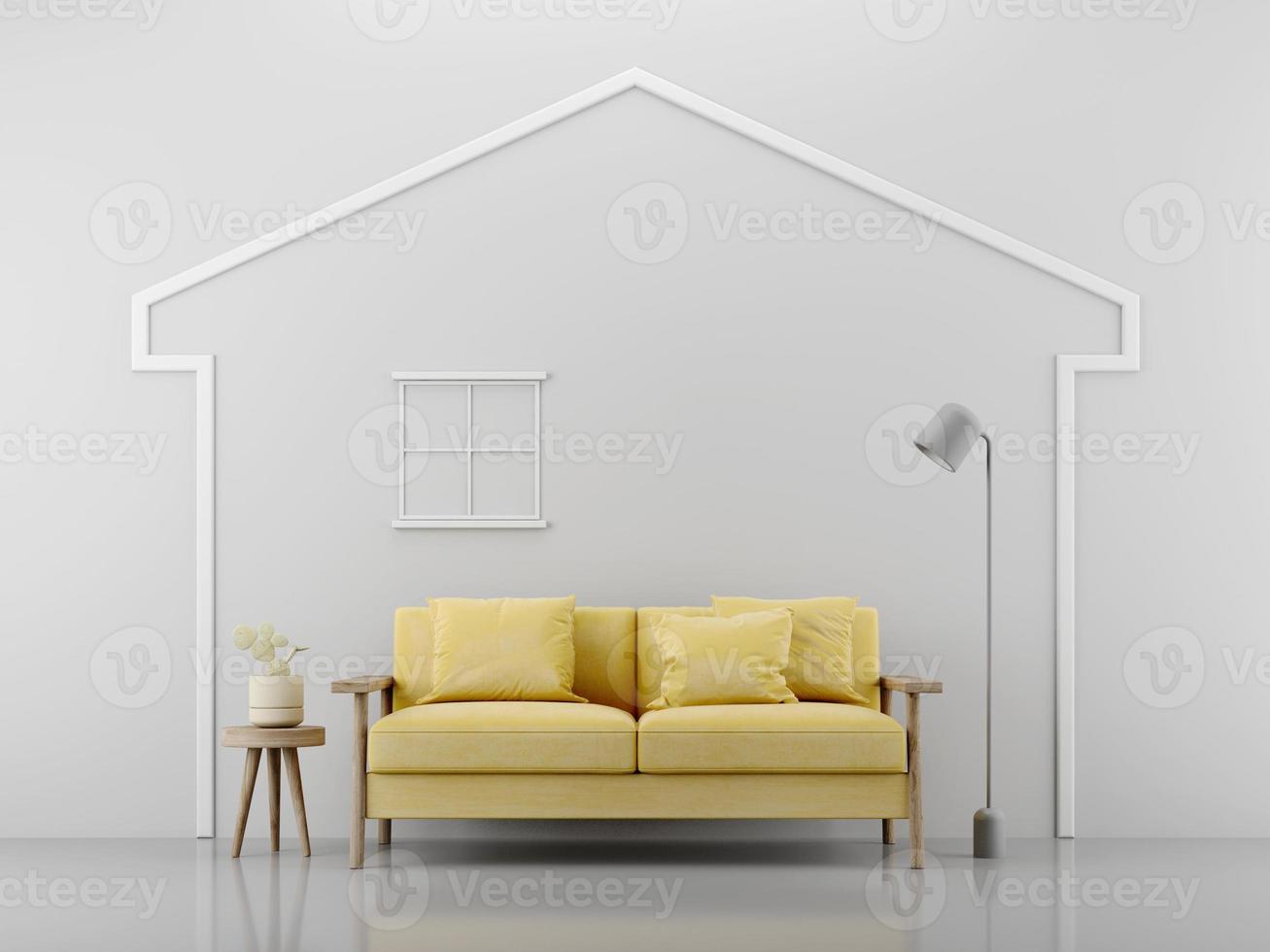 gelbes sofa in grafischer hauslinie mit lampe und beistelltisch. konzept für heimdekoration. 3d-rendering foto