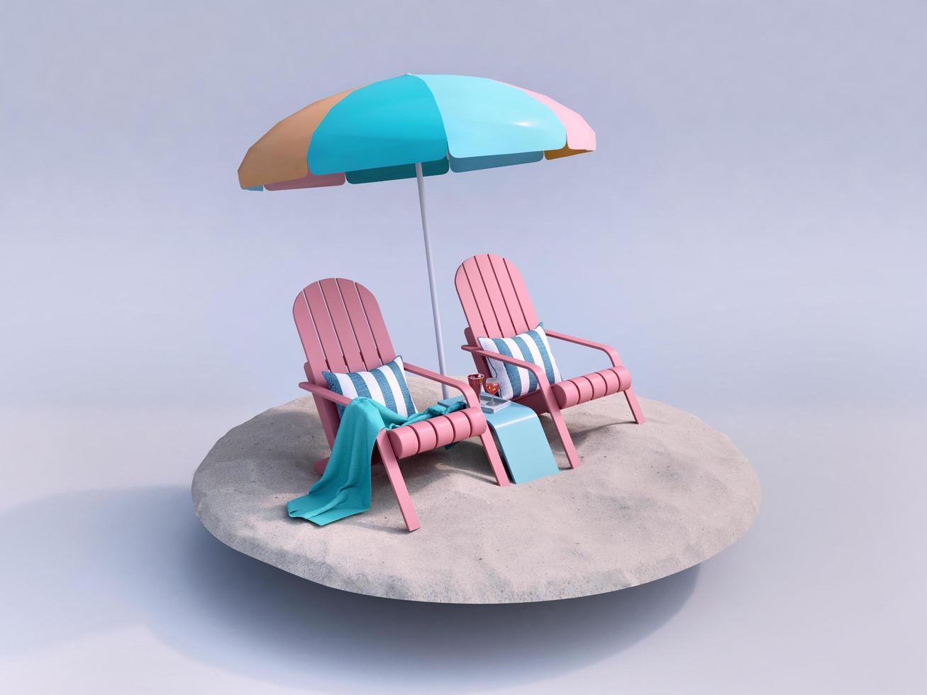 Rosa Liegestühle mit Sonnenschirm auf weißem Sand. Strand isoliert. Sommer minimales Konzept. 3D-Rendering foto