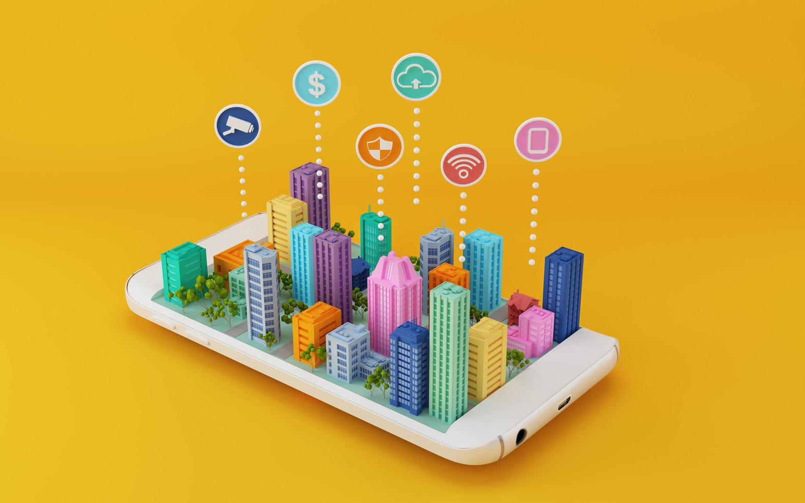 Smart City.City-Modell auf dem Handy mit Icon.3D-Rendering foto