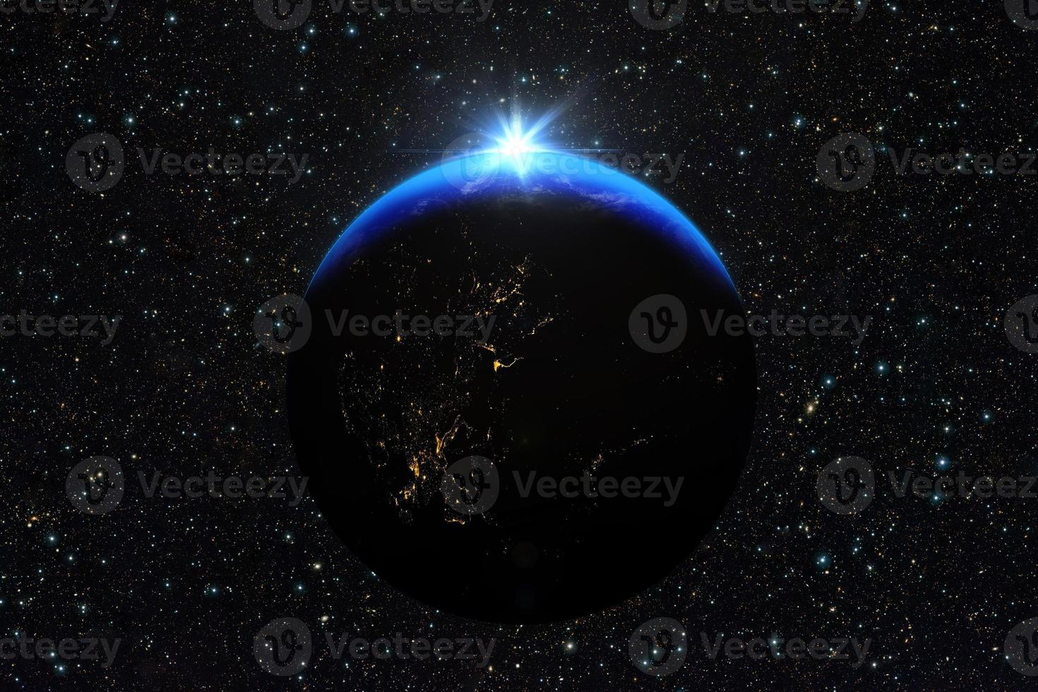 blauer Sonnenaufgang, Blick auf die Erde aus dem Weltraum. foto