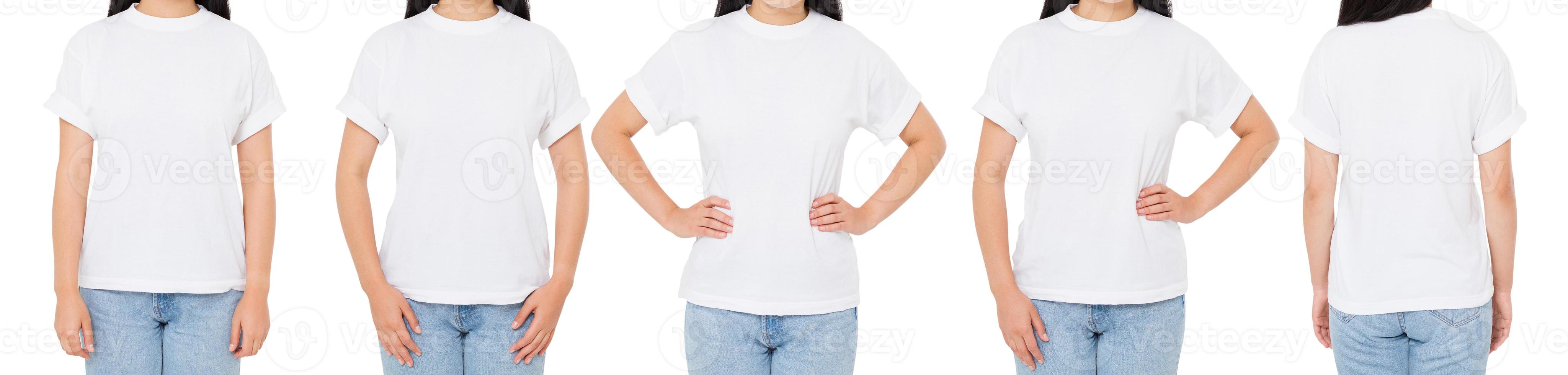 T-Shirt-Set, Frauen-T-Shirt isoliert, viele Vorderansicht-T-Shirts, Mädchen in weißer Hemdcollage foto