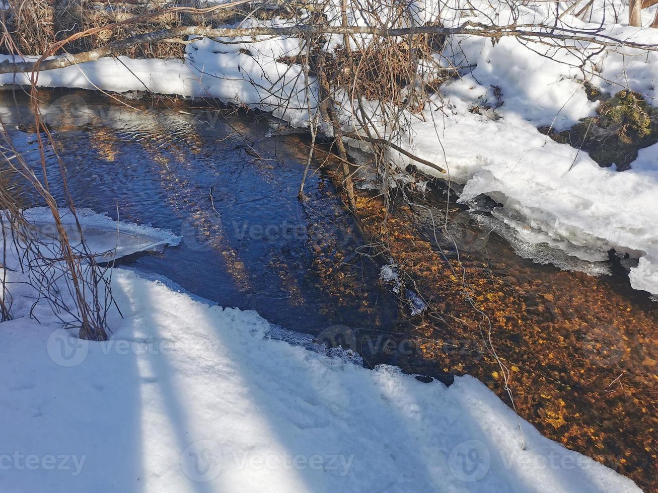 Frühlingstag im russischen Dorf Schnee gut blauer Himmel foto