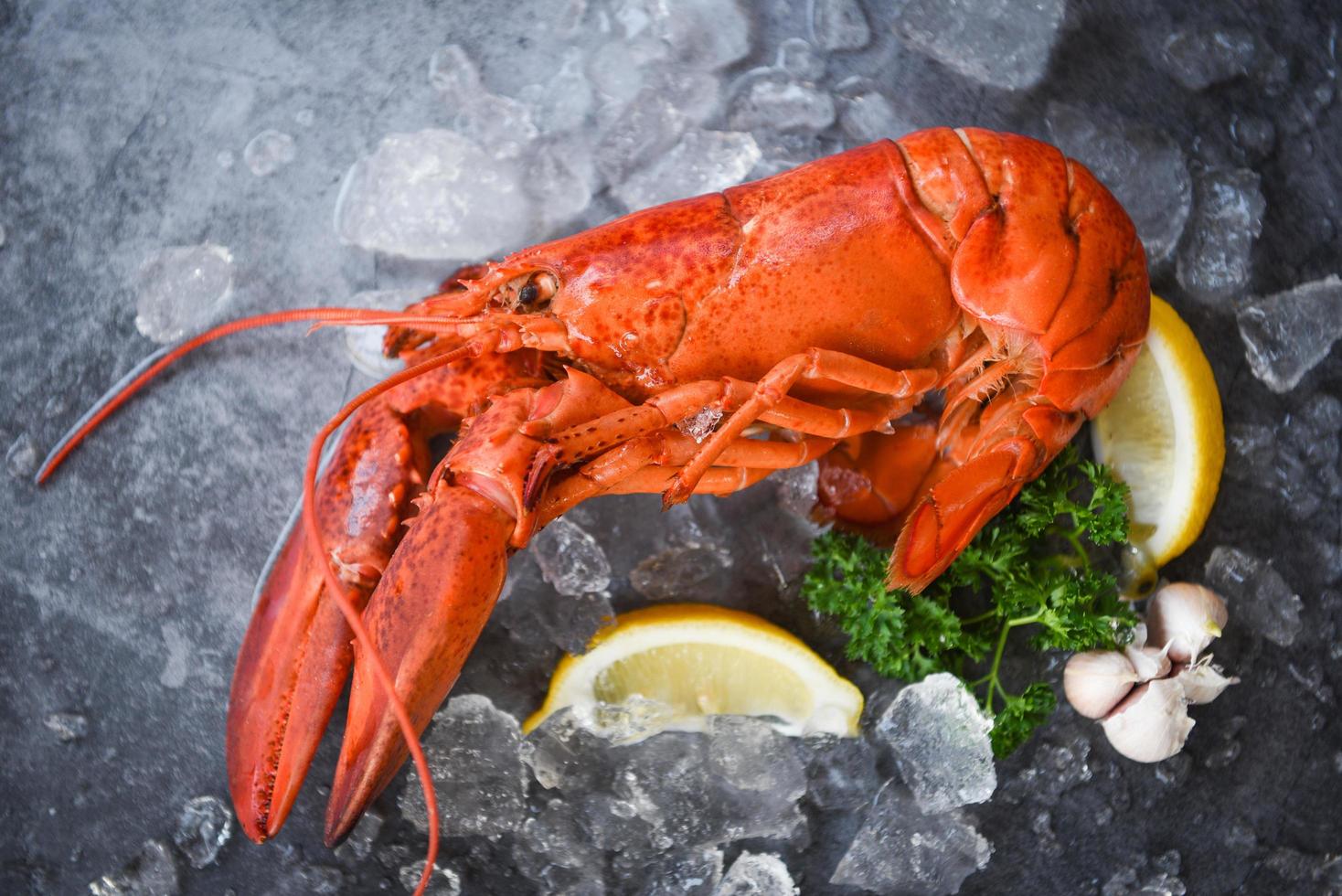 frischer Hummer auf einem schwarzen Teller Hintergrund - roter Hummer Abendessen Meeresfrüchte mit Kräutern Gewürze Zitrone Rosmarin serviert Tisch und Eis im Restaurant Gourmet-Essen gesund gekochter Hummer gekocht foto