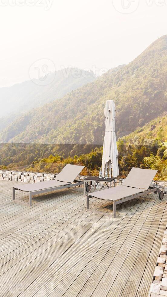 Hintergrund der minimalen Lounge-Terrasse im Freien und der Sofabank mit Blick auf die Berge, 3D-Darstellung foto