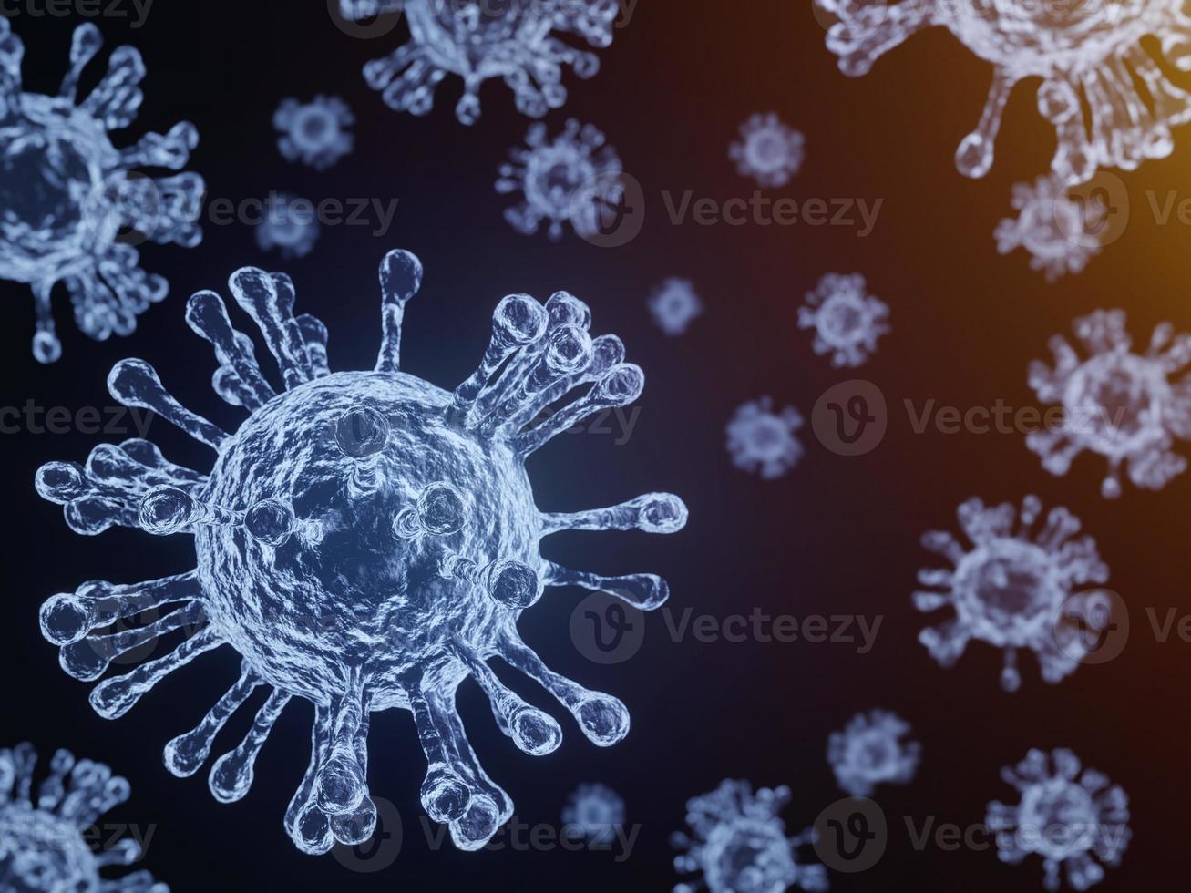 coronavirus covid-19, coronavirus 2019-ncov neuartiges coronavirus-konzept, das für den sars-cov-2-ausbruch verantwortlich ist. Mikroskop-Virus aus nächster Nähe. 3D-Rendering. foto