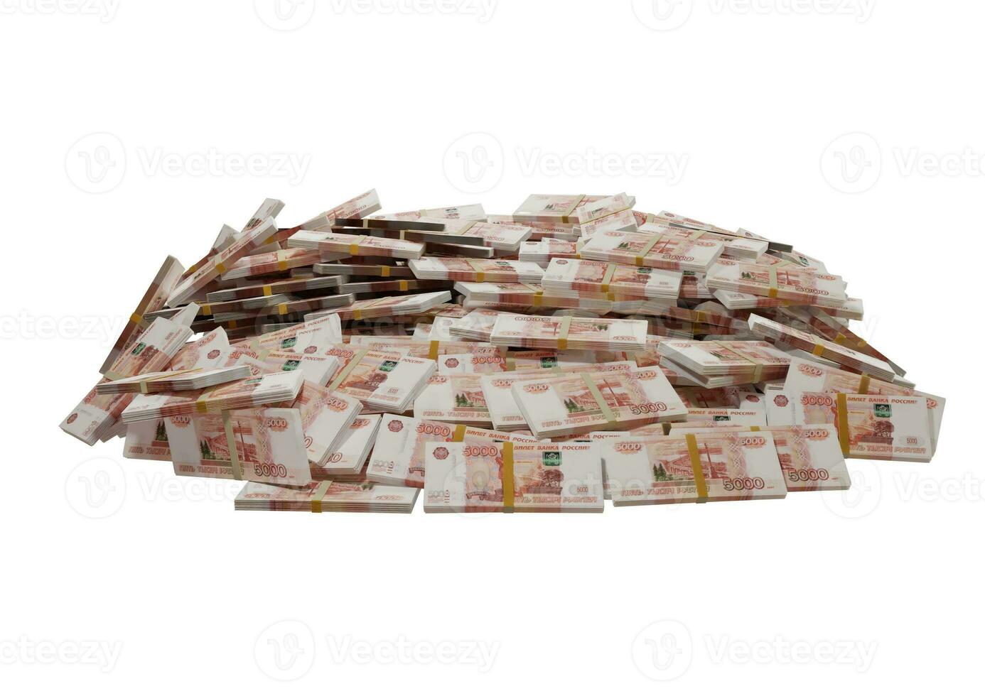 stapeln sie russisches bargeld oder banknoten von russischen rubeln, die auf einem weißen hintergrund verstreut sind, isoliert das konzept von wirtschaft, finanzen, hintergrund, nachrichten, sozialen medien und textur von geld 3d-rendering foto