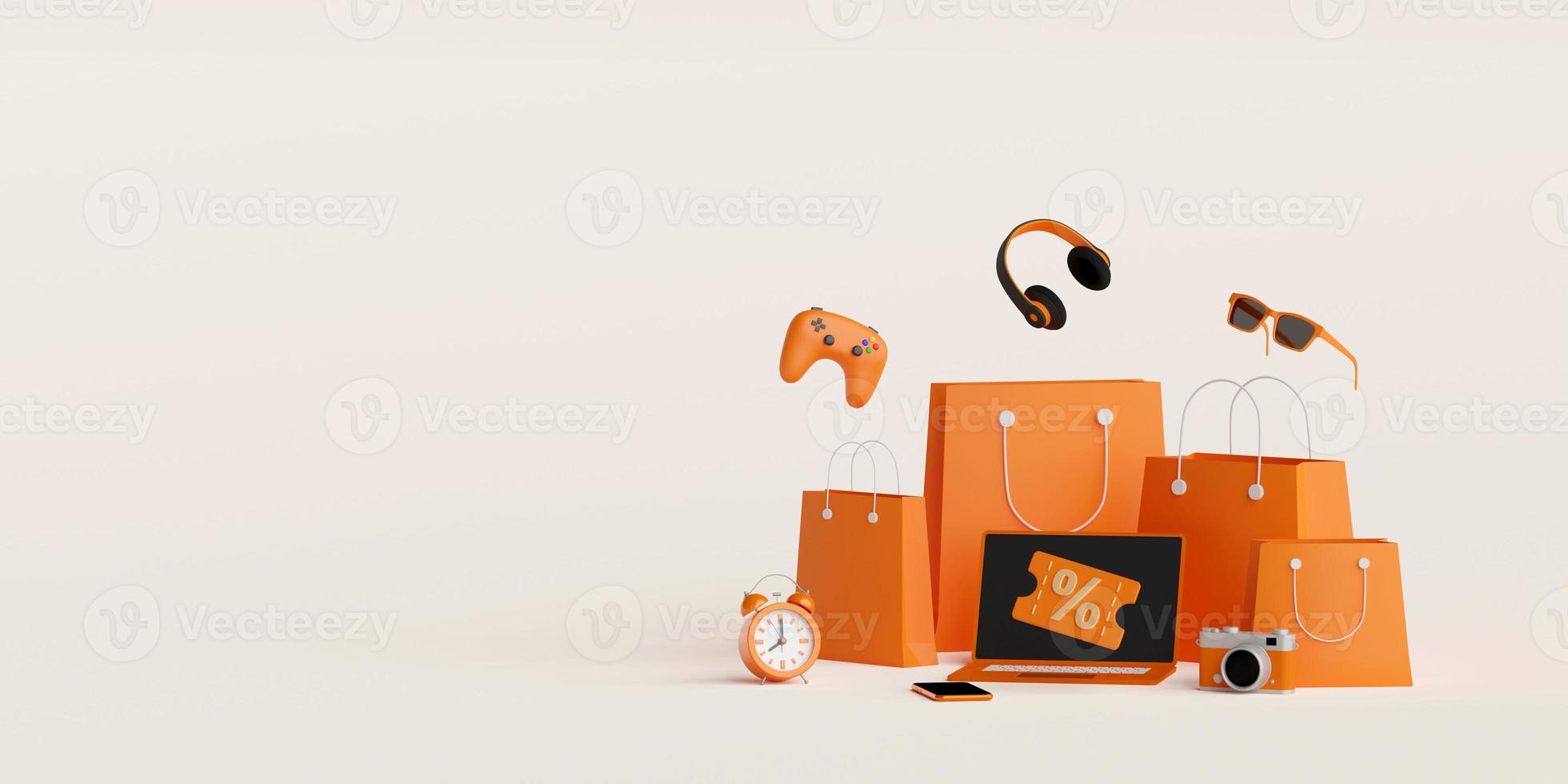 3D-Illustrationsbanner der Einkaufstasche mit Elektronikartikeln und Rabattcode foto