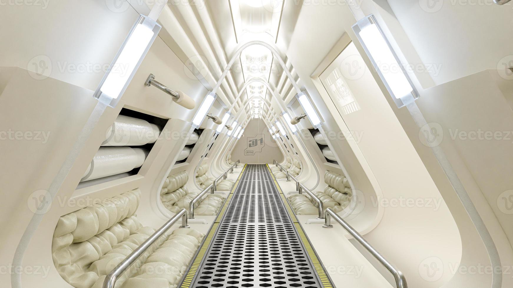 Korridor in der Raumstation oder im Labor mit grauer Farbe dekoriert. futuristischer Science-Fiction- und Technologiehintergrund. foto