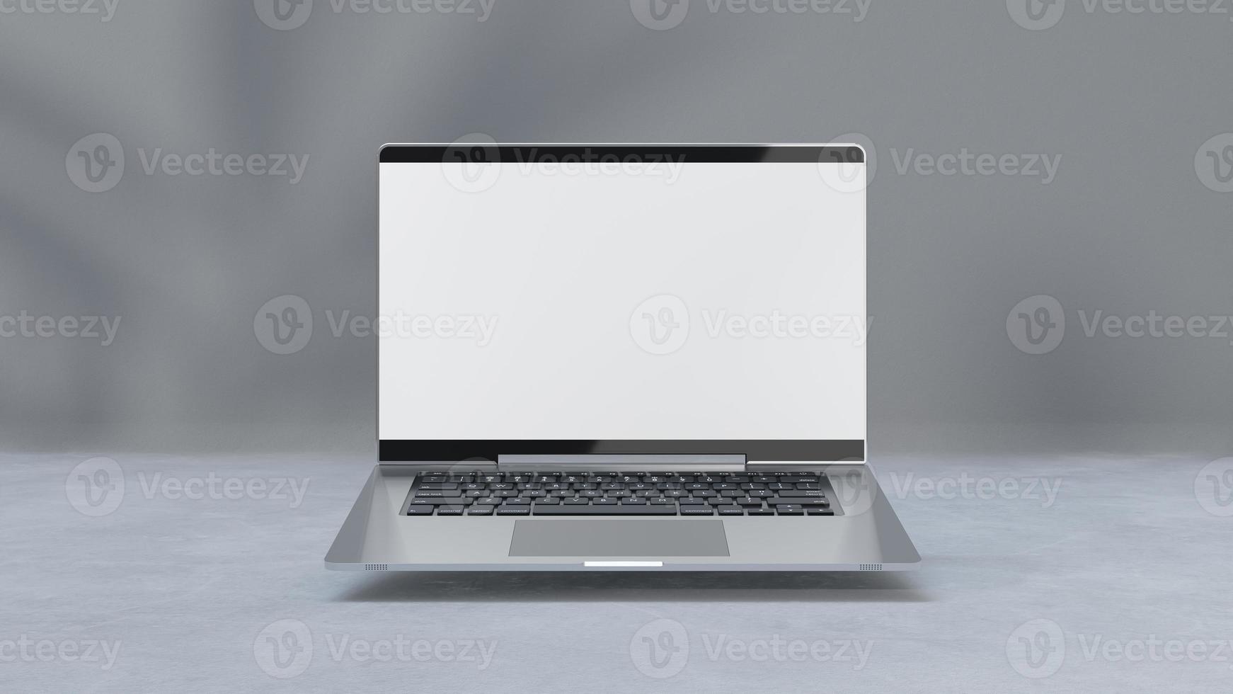 leerer Display-Laptop mit minimaler Dekoration. Schatten vom Baum auf Zementboden. Mock-up-Computer und Minimalismus-Konzept. foto