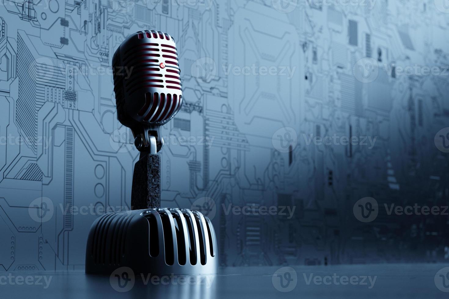 3D-Illustration, Mikrofon im Retro-Stil in Party oder Konzert auf schwarzem Technologiehintergrund foto