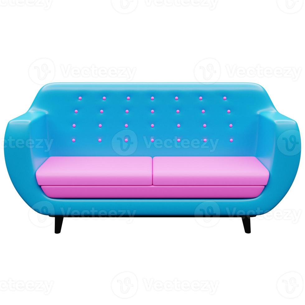 3D-Darstellung eines blauen Sofas im Retro-Stil der 60er Jahre auf weißem Hintergrund foto