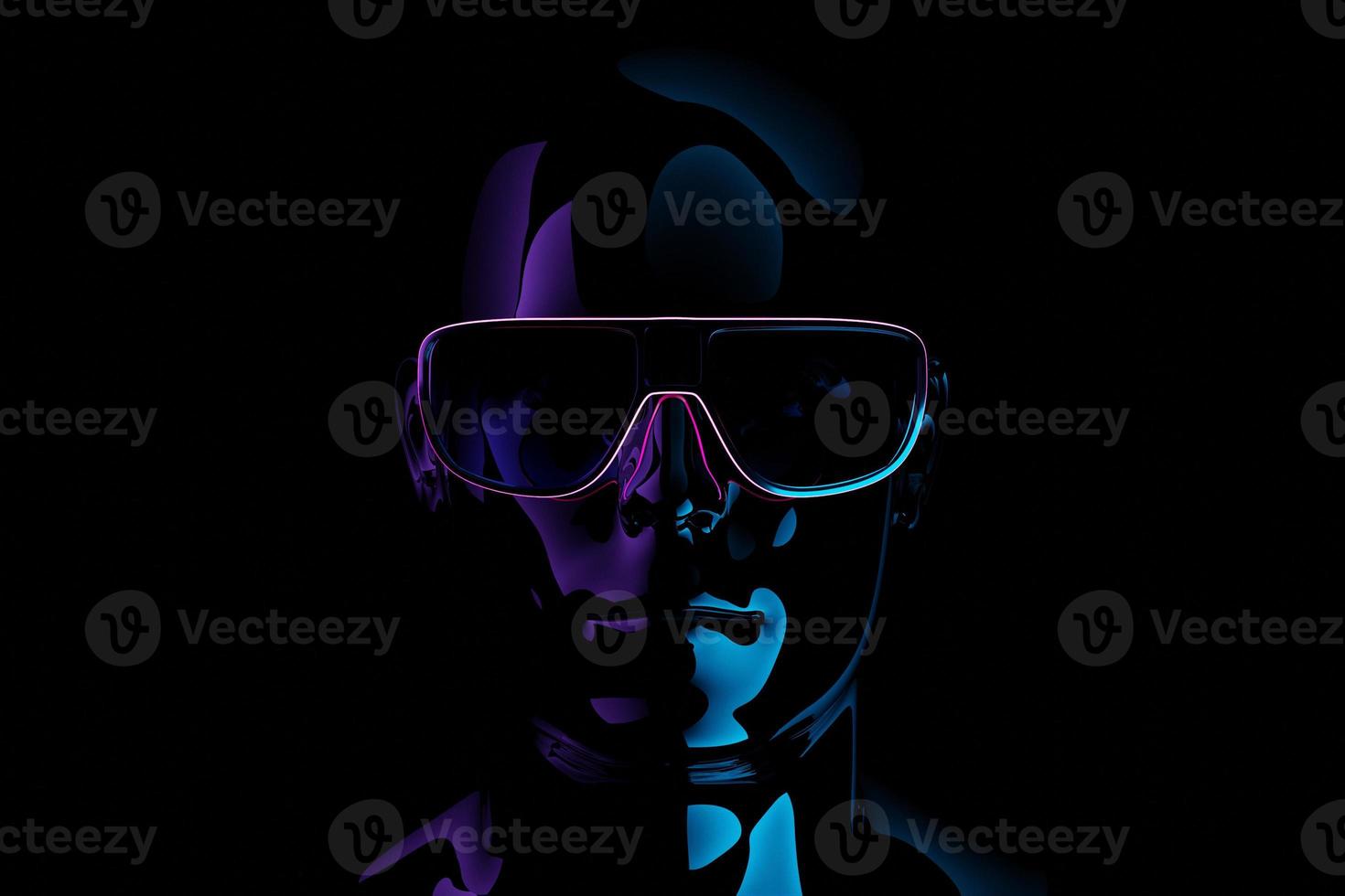 Schwarzes Modell eines Mannes mit realistischer Sonnenbrille unter rosa-blauem Neonlicht, 3D-Illustration foto