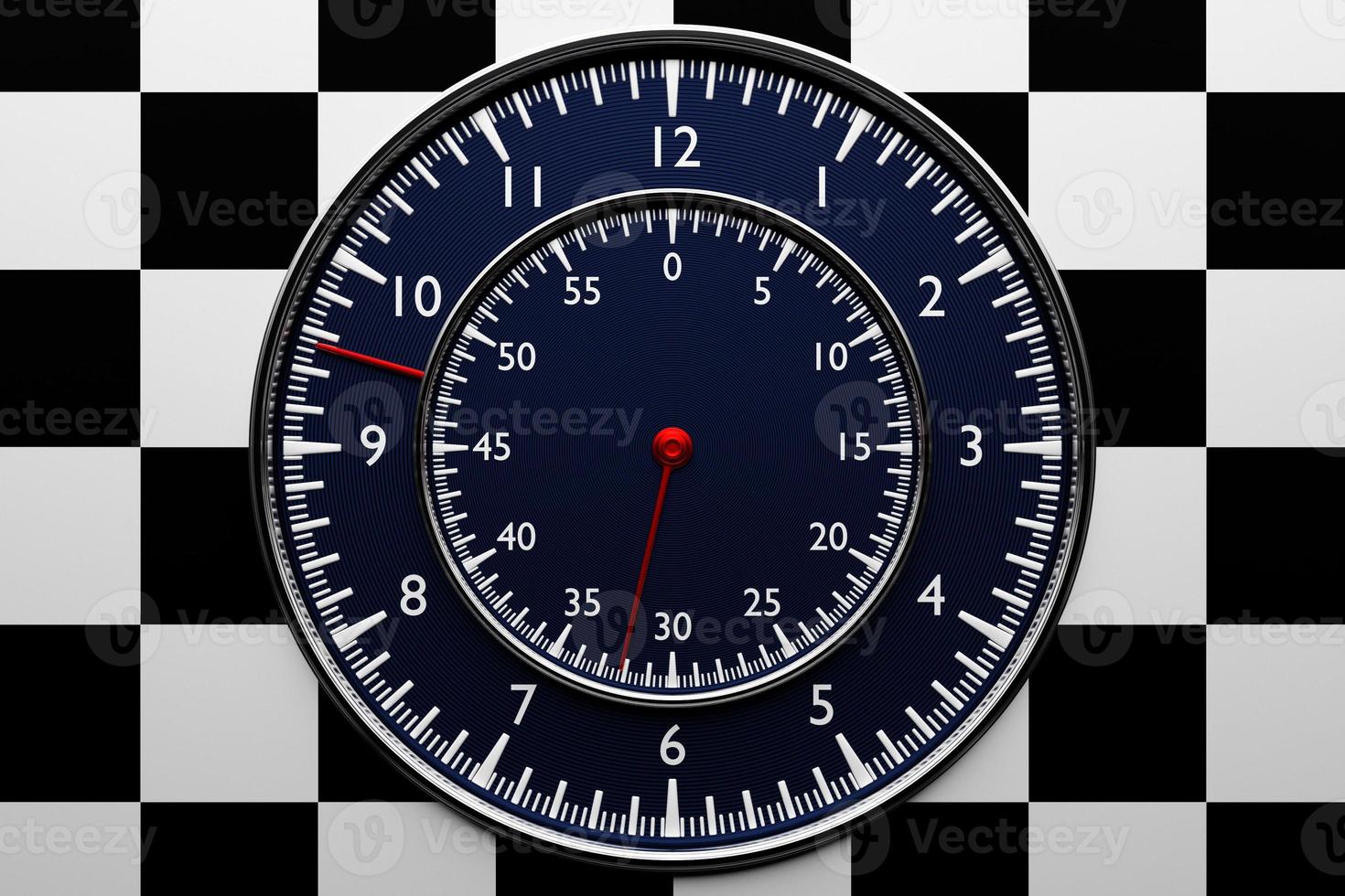 3D-Darstellung der schwarzen runden Uhr, Stoppuhr auf einem schwarz-weiß karierten Hintergrund. Stoppuhr-Symbol, Logo. Chronometer, Vintage-Timer foto