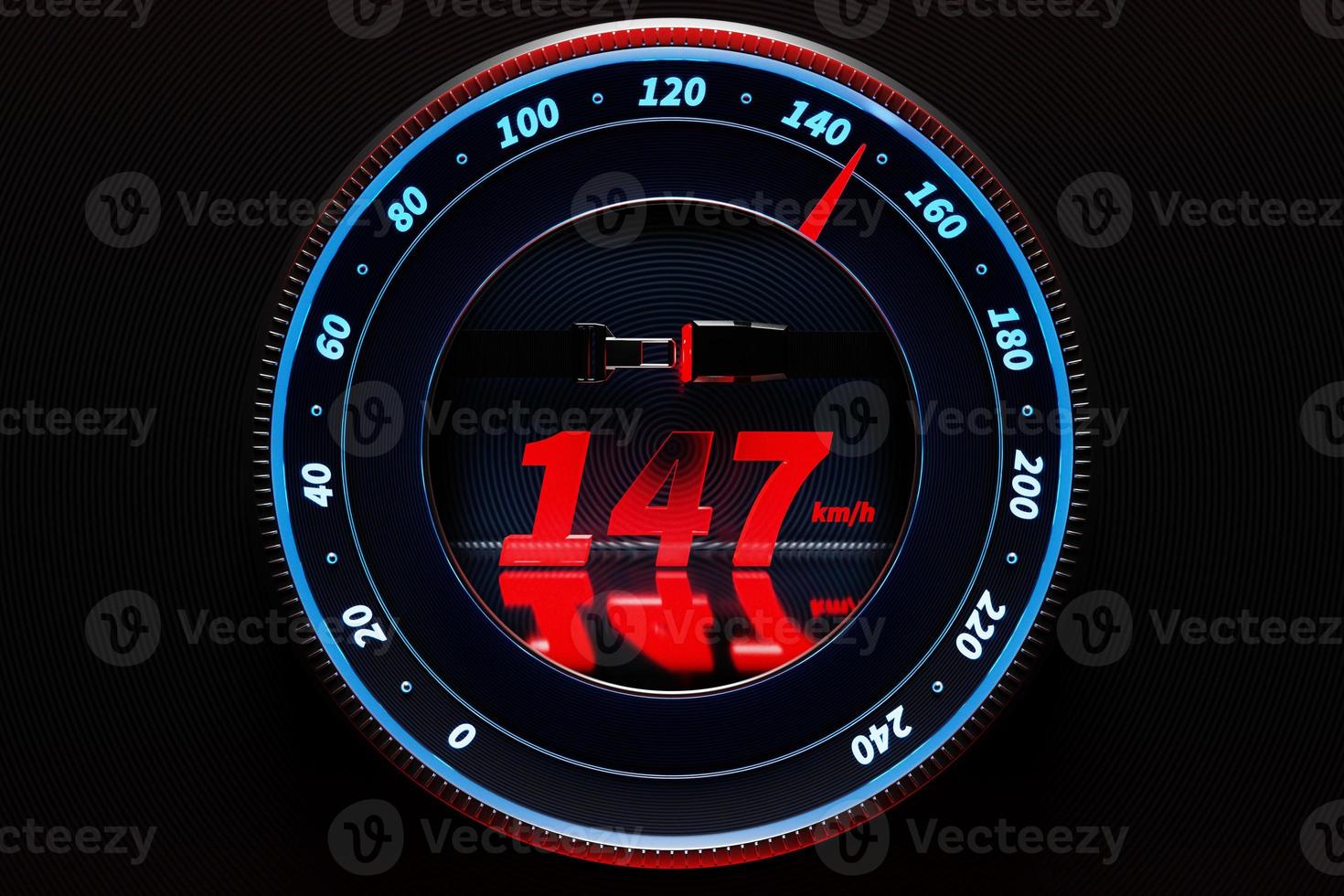3D-Darstellung Nahaufnahme schwarzes Autopanel, digitaler heller Tachometer mit Symbol-Sicherheitsgurtbefestigung . die Tachonadel zeigt eine Höchstgeschwindigkeit von 147 km h an foto
