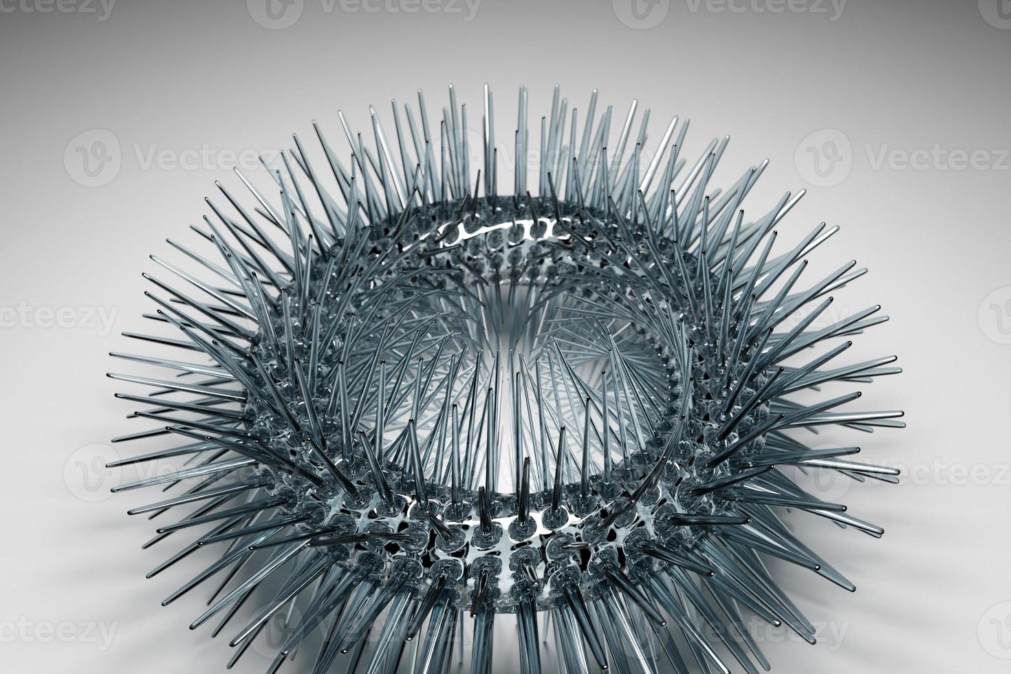 3D-Rendering abstraktes rundes Fraktal aus silbernem Metall, Portal mit Stacheln. Runde Spirale foto