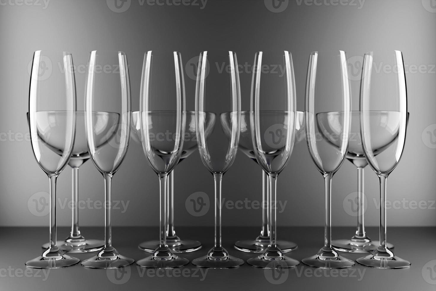 3D-Darstellung von Gläsern für Champagner, Wein. Weingläser für Alkohol auf grauem Hintergrund foto