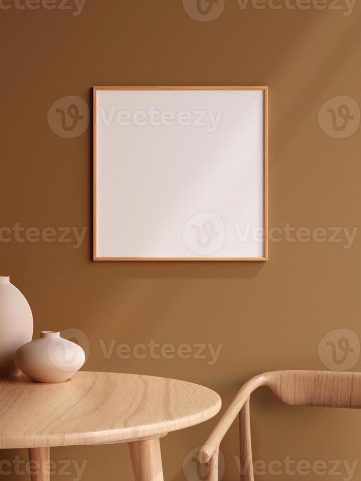 Minimalistisches quadratisches Holzposter oder Fotorahmen im modernen Wohnzimmerwand-Innendesign mit Vase und Schatten. 3D-Rendering. foto