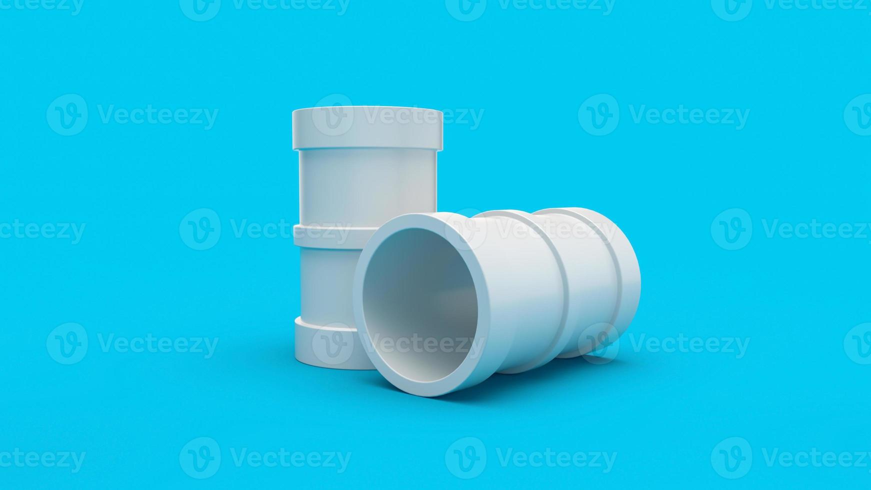 weiße Kunststoff-Abwasserrohre, isoliert auf blauem Hintergrund PVC-Rohrverschraubung Rohrmuffenverbindung 3D-Darstellung foto