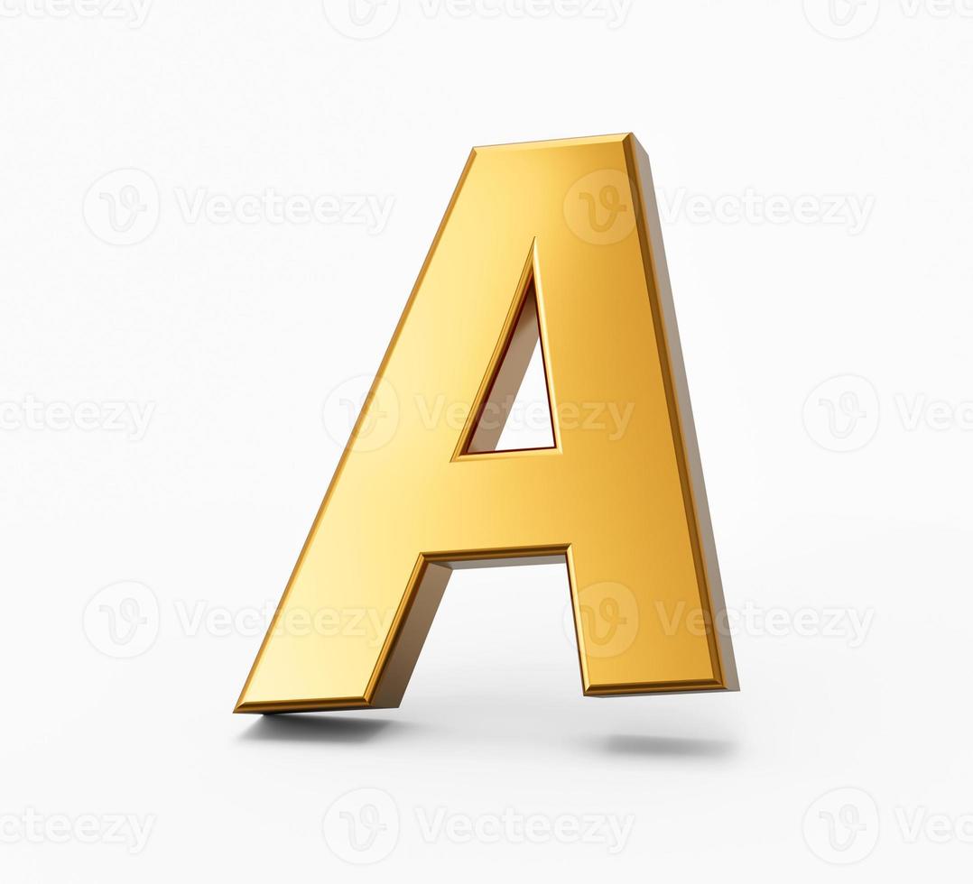 goldenes Alphabet a auf weißem, isoliertem Hintergrund 3D goldene Buchstaben zahlen 3D-Darstellung foto
