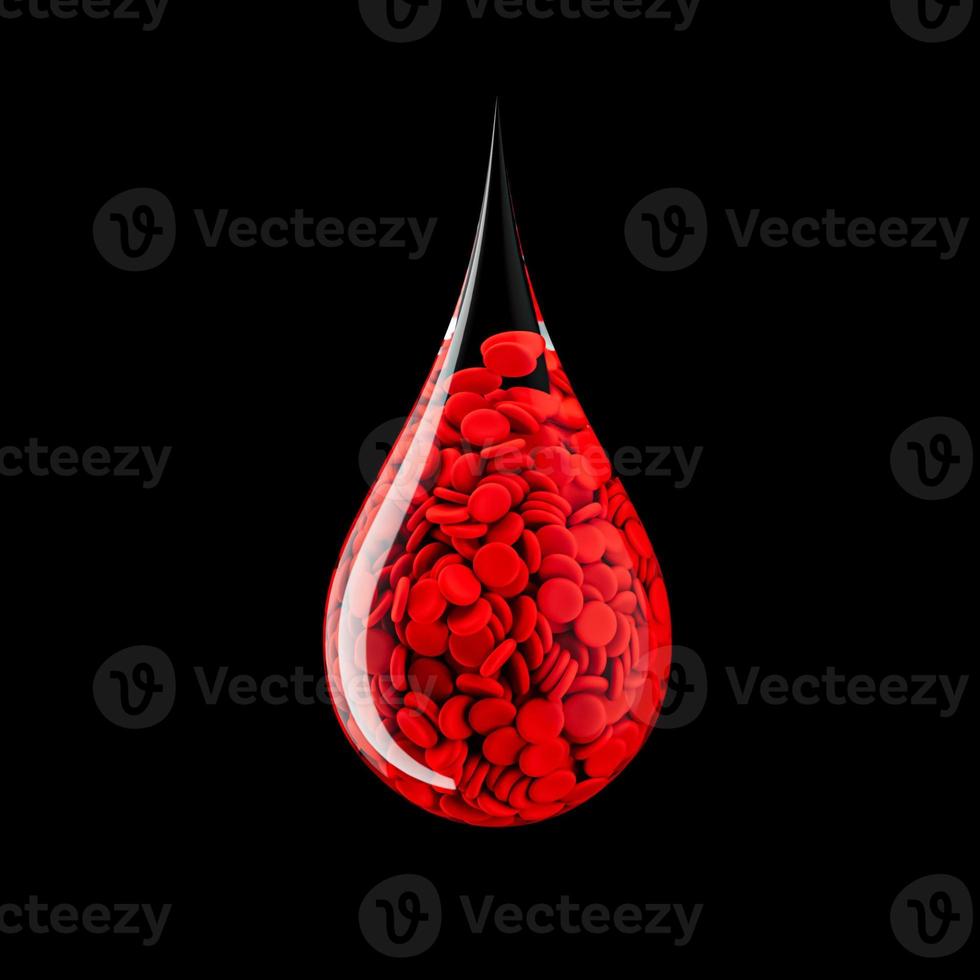 Blutstropfen-Symbol mit Zellen auf schwarzem 3D-Renderkonzept für Weltblutspendetag 3D-Illustration foto