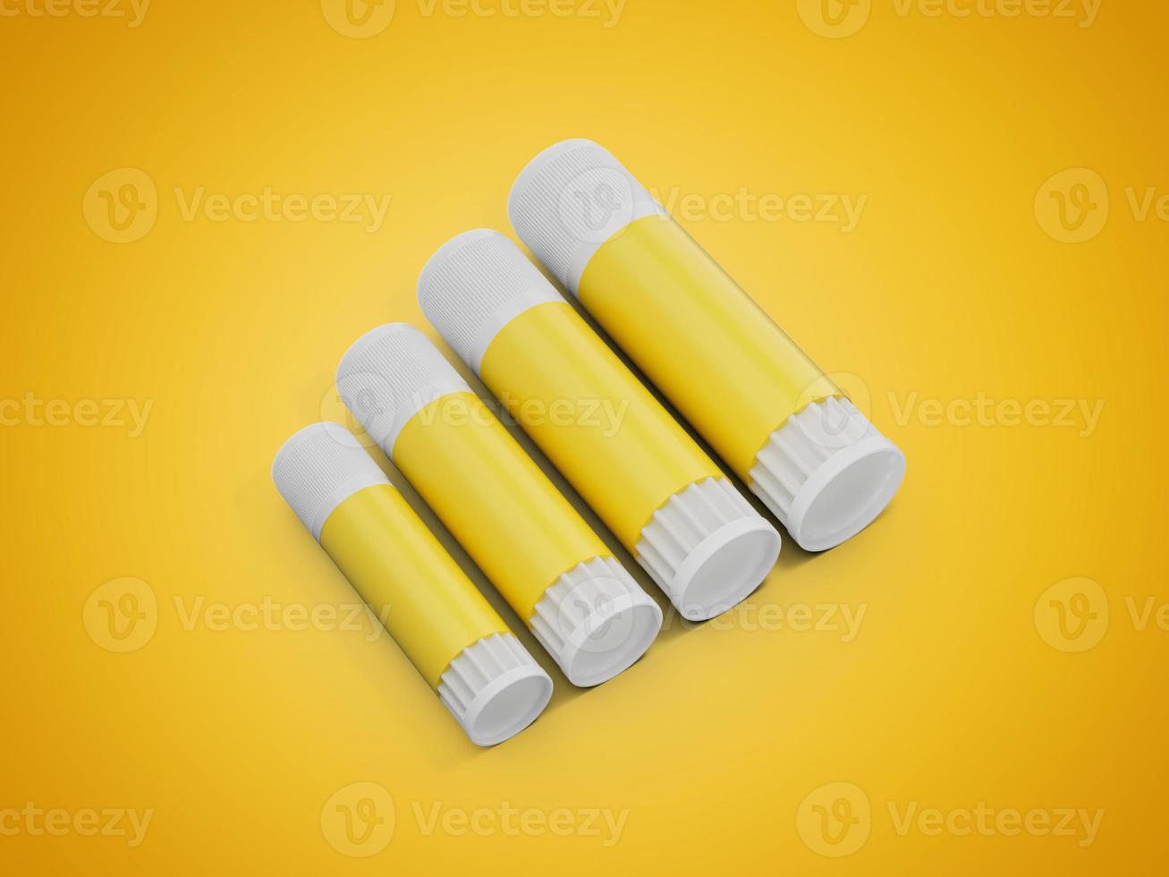 Nahaufnahme gelber Klebestift mit weißer Kappe klebt Zeckensatz klein bis groß isoliert auf gelbem Hintergrund 3D-Darstellung foto