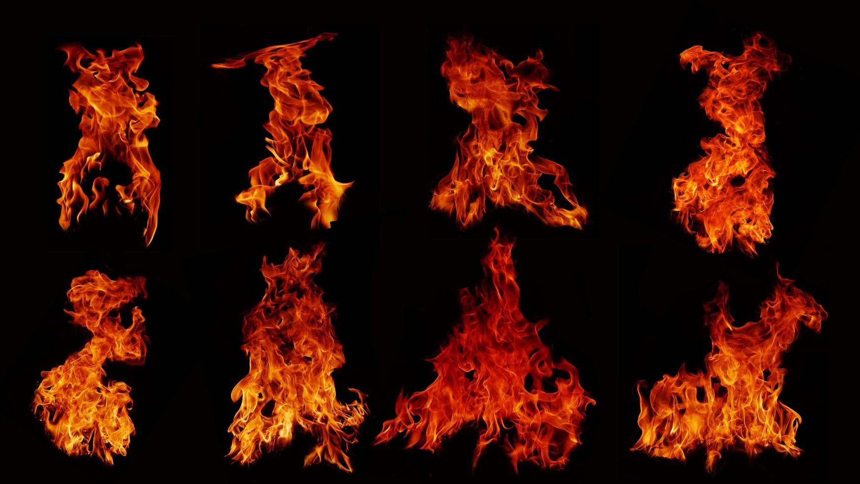 eine Sammlung von 8 Flammenbildern. Flammenflammenbeschaffenheit für skurrile Feuerhintergründe. Flammenfleisch, das vom Herd oder vom Kochen verbrannt wurde, fühlt sich abstrakt auf schwarzem Hintergrund an. foto