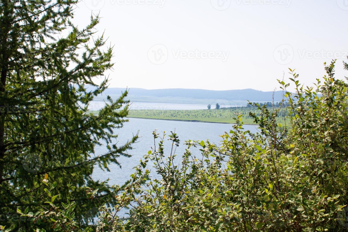 Zweige grüner Bäume auf dem Hintergrund des Sees und der Berge. foto