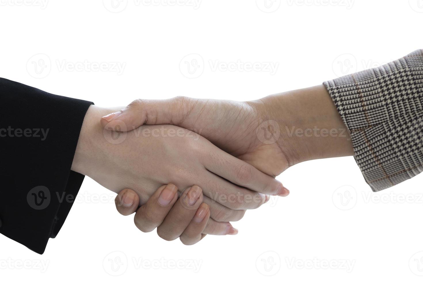Handshake-Bild einer jungen Geschäftsfrau, die nach erfolgreichem Geschäftstau gratuliert, isoliert auf weißem Hintergrund mit Beschneidungspfad, Verhandlungskonzept. foto