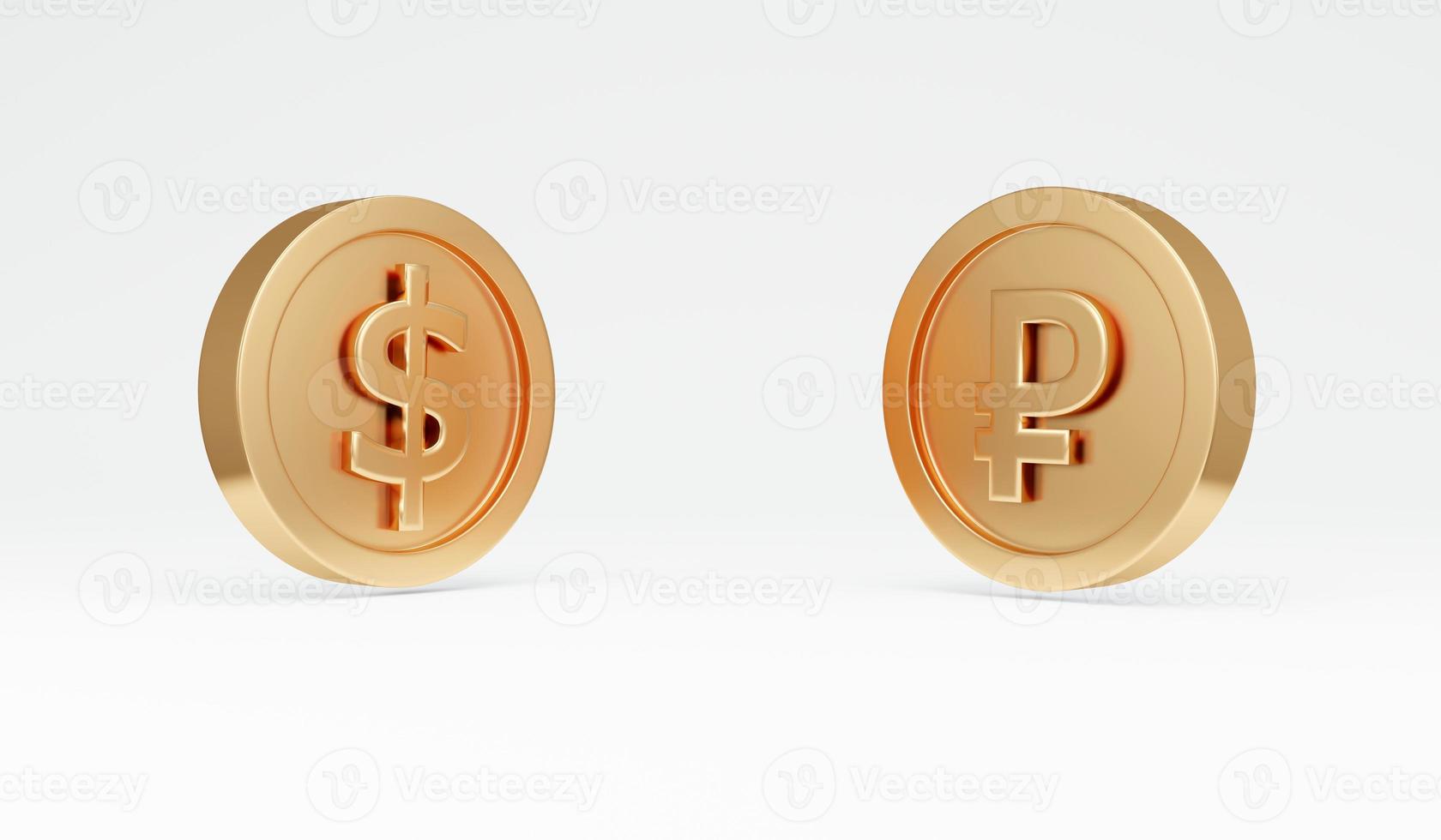 3D-Darstellung des russischen Rubel-Symbols auf der Münze im Vergleich zum US-Dollar-Symbol auf der Münze im Hintergrundkonzept des politischen Konflikts und des Krieges. 3D-Darstellung im Cartoon-Stil. foto