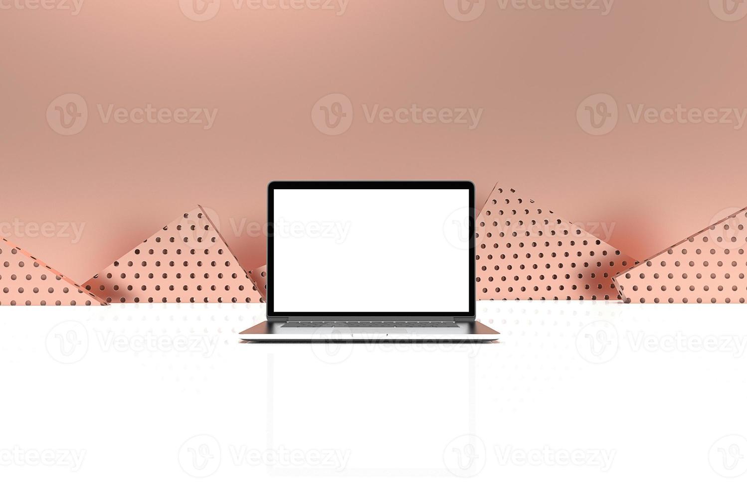 moderner laptop lokalisiert auf roségoldhintergrund. 3D-Darstellung. foto